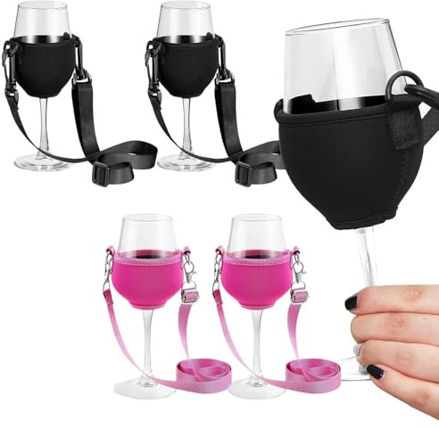 Weinglashalter zum Umhängen 4 Stück Stoff Weinglas Halterung Tragbare Weinglashalter Hängend Becherhalter Festival Wine Glass Holder Freihändiger Weinhalter Kette für Weinliebhaber (Schwarz+Rosa/20cm)