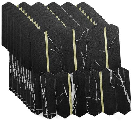 Selbstklebende Mosaikfliesen Hexagon 27x27cm – 10 Stück – PVC Aluminium Fliesenaufkleber – Küchenrückwand Wandfliesen Bad Küche – Wasserdicht, Modern, 3D Optik (Marmor Schwarz Gold)