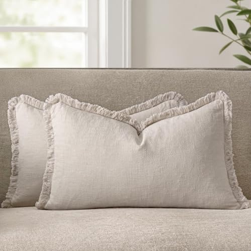 ANRODUO Dekorative Kissenbezüge aus weichem Leinen, Fransen, Landhaus, Boho, Vintage-Kissenbezüge mit Quasten, Akzent-Kissenbezüge für Couch, Sofa, Bett, Wohnzimmer, natürliches Beige, 2 Stück