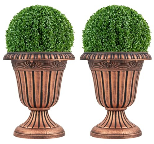 TANGZON Vintage Planters Set of 2, 46cm Tall Urn Plastic Flower Pot with Pre-marked Drainage Hole & Pedestal Base, Indoor Outdoor Decorative Plant Pot for Front Porch, Wedding Events (Bronze)