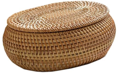 QIUDongne Aufbewahrungskörbe Aus Rattan mit Deckel, Rattankorb, Handgewebter Runder Geflochtener Korb, Dekorative Schreibtischbox für Zuhause, Büro