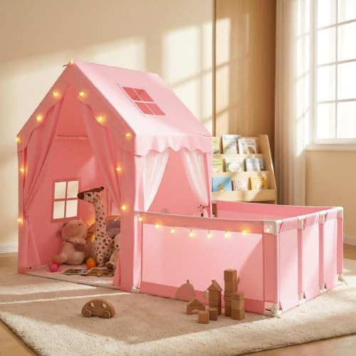 GOPLUS Kinderzelt groß mit Spielbereich, 2-in-1 Innen-Spielhaus mit Hof, Sternenlichter, Waschbarem Kissen, Tür, Vorhänge, Fenster, Spielzelt für 4-5 Jungen & Mädchen ab 3 Jahren (Rosa)