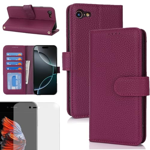Eximmobile Echt Lederhülle für iPhone 8/7 / SE 2020/2022 in Lila + Glasfolie, Aufklappbare Leder Tasche mit Kartenfächer, Brieftasche mit Standfunktion, Leder Wallet mit RFID Schutz