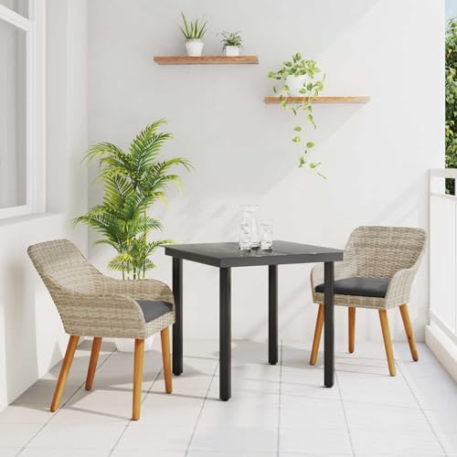 Holamys Essgruppe Hellgrau Poly Rattan, 2 Stühle und Tisch, witterungsbeständiges Outdoor Möbel Set für Garten Terrasse, Balkon, schmale Beine, langlebig, viele Sitzplätze