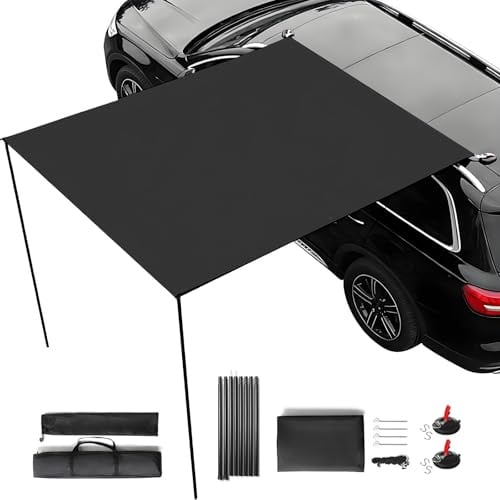 200x300cm Camping Auto Markise Set, mit 2 Stützen, 8 Spannseilen, 8 Heringen, 2 Saugnäpfen, Aufbewahrungstasche und Tragesack, Weiße Silberbeschichtung, UPF50+, Wasserdicht, Für Outdoor (Schwarz)