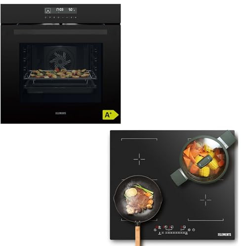 KB ELEMENTS Herdset | 60cm Einbaubackofen Air Fry & AQUA CLEAN | 59cm Autarkes Induktionskochfeld kratzfest 2 Flexzonen Schwarz | EEK A+