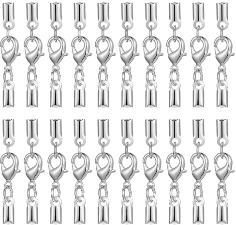 HJZHII 20Pcs Silver Cord End Caps with Lobster Clasp Connector, Stainless Steel Necklace Jewellery Making Lobster Clasps for Necklace, Bracelet, DIY Craft Jewellery Making