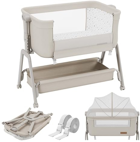 TULANO Dream 50 3in1 Beistellbett Baby mit Rollen - Babybett - Reisebett | mit matratze - höhenverstellbar - bis 9kg - Neigbare Liegefläche - Mit Moskitonetz und Aufbewahrungskorb - Beige