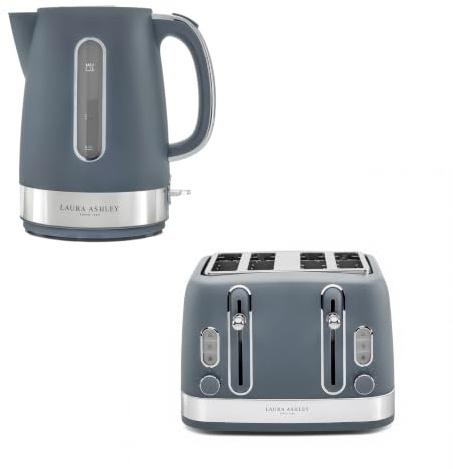 Laura Ashley Dark Slate 1.7L Electric Kettle and Toaster Sets 4 Slice - Energy Efficient Fast Boil Kettle Electric - 4 Slice Toaster with Wide Slots, Defrost, 7 Browning Settings & Reheat Mode