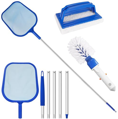 NXPZ Kit di Pulizia per Piscina, Retino per Piscina a Maglia Fine, con Asta Telescopica in Alluminio a 5 Sezioni, Spazzola in Spugna e Spazzola per Pulizia, per Piscine, Spa, Vasche Idromassaggio