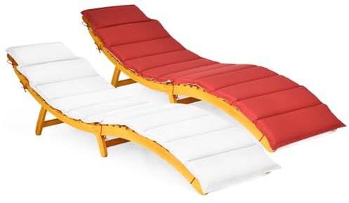 COSTWAY Tumbona Jardin Plegable, Madera de Acacia, Cojin de 2 Colores (2) | Tumbona Portátil con Reposacabezas para Piscina, Césped y Jardín, 190 x 55 x 52 cm