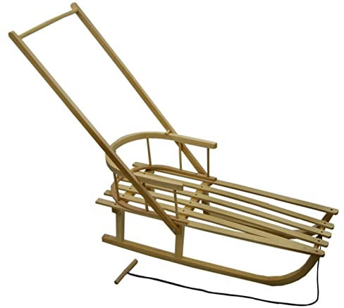 Rawstyle Holzschlitten mit Rückenlehne + Zugleine + SCHIEBESTANGE - Lehne - Kinderschlitten - Schlitten aus Holz NEU