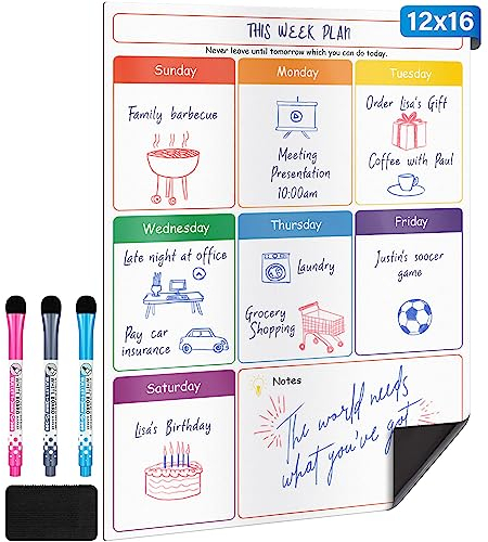 Magnetic Dry Erase Whiteboard Calendar for Fridge - A3 / 40 x 30 cm - Refrigerator White Board Sheet with 3 Colourful Markers & Eraser - Weekly Meal Planner & Organiser for Family - by Yes4Quality