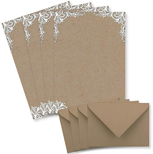25 Briefbogen-Sets DIN A4 - Briefpapier in Kraftpapier-Look mit weißer Spitze - mit passenden Briefumschlägen DIN C6 in taupe Briefpapier bedruckbar ideal für Hochzeitseinladungen