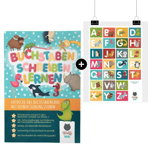 WOLFF KIDS ABC Schreiblernheft + ABC Poster I Buchstaben Lernen mit Tieren I 2-in-1 Buchstabenposter + ABC Heft I Schreibübungen I Vorschule - Kindergarten - 1. Klasse I Schulvorbereitung