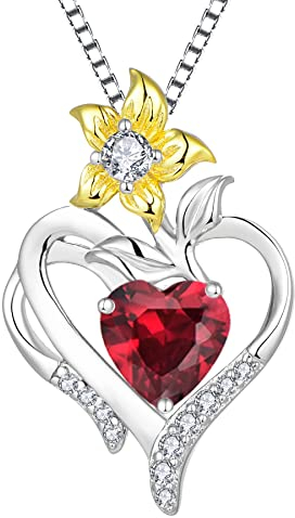 YL Herz Halskette 925 Sterling Silber geschliffen Juli Geburtsstein Rubin Lilie Blume Anhänger für Frauen,Kette 45+3CM