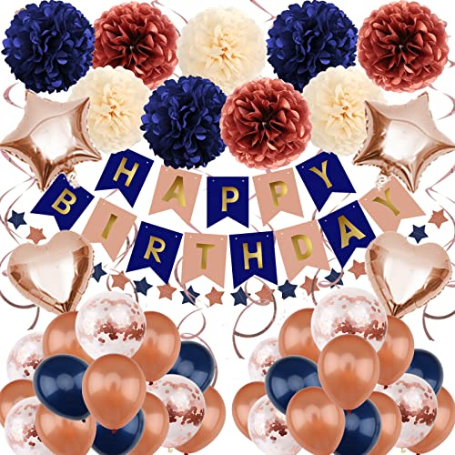 ZERODECO Geburtstagsdeko Mädchen, Rosegold Marineblau Geburtstag Partydekoration für Mädchen Happy Birthday Banner mit Papier Pompons Stern Wimpel Folienballon Geburtstag für Mann Junge Frauen