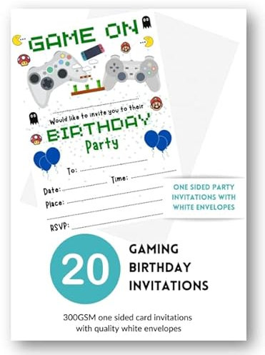 Second Ave 20 Pack Gamer Gaming Birthday Party Invitations Invite With Envelopes For Children Boys or Girls