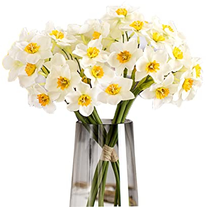 issdem Künstliche Narzissen aus Seide, gelb-weiße Narzissen, für Frühling und Sommer, künstliche Blumenarrangements für Zuhause, Party, Hochzeit, Dekoration, 12 Stück (weiß)