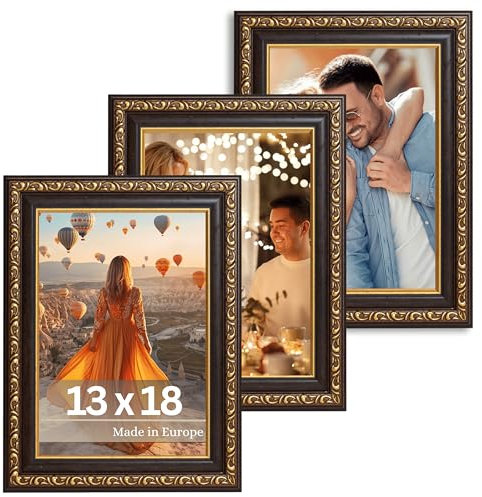 VictoR antiker - kunstvoller Fotorahmen „Chagall“ in Schwarz Gold - 3er Set in 13x18 cm Deko Bilderrahmen Vintage - geeignet für Urkunden - Zeugnisse - Bilderrahmen Schwarz 13x18 - Barock
