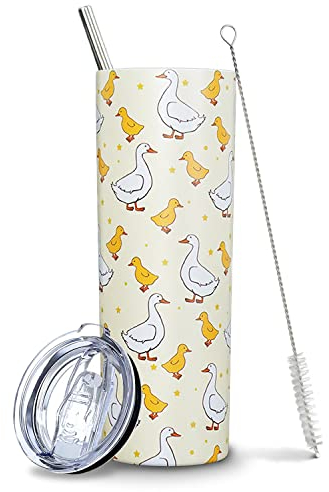 Duck Tumbler, niedlicher Skinny Tumbler mit Strohhalm und Deckel – gelbe Ente Geschenke für Frauen, Kawaii Ente Dinge/Stuff/Dekor, doppelwandiger isolierter Becher 590 ml