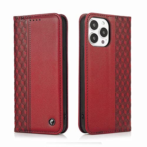 TOHULLE Case for iPhone 14 Pro Max, Premium PU Leather Wallet Case Card Holder Kickstand Built-in Magnetic Closure Plaid Pattern Flip Folio Phone Cover for iPhone 14 Pro Max - Red