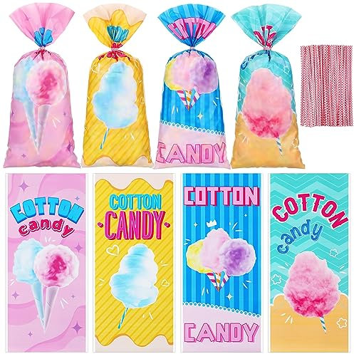 Karenhi 100 Stück Baumwoll-Süßigkeitentüten mit Bindebändern, Zuckerwatten, Snacks-Taschen, Set, Zuckerwatte, Zubehör für Zirkus, Karneval, Geburtstag, Party, Gastgeschenk