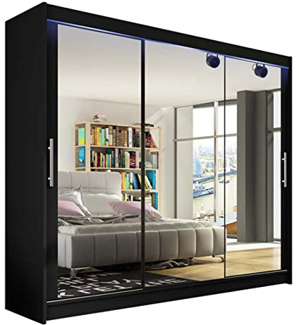 Mirjan24 Kleiderschrank Aston III, Schwebetürenschrank, Schlafzimmerschrank, Schiebetürenschrank, Garderobe, Schlafzimmer (Schwarz, mit RGB LED Beleuchtung)