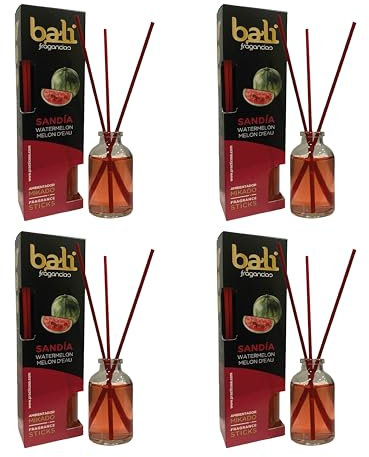 Pack de 4 Bali Fragancias Ambientador Mikado SANDÍA Difusor con varillas de ratán para tu salón, comedor o cualquier estancia de tu hogar, fragancias seleccionadas, Aromaterapia, Perfumado