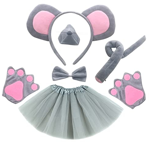 MIVAIUN 6 Pieces Animal Costume Set Mouse Ears Headband NoseTail and Bow Tie tutu skirt Animal Fancy Dress Halloween Cosplay Game Party Decoration Rat Theme Makeup Costume Accessories(6 pcs)