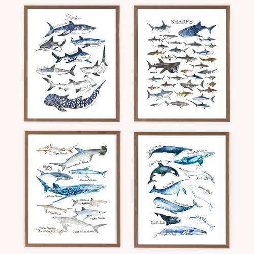 VNWEK Rustikale Aquarell-Wandkunst-Poster, Motiv: Haie und Wale, ungerahmt, 20,3 x 25,4 cm, 4 Stück, Bauernhaus-Dekorationen für Zuhause, Schlafzimmer, Wohnzimmer, Klassenzimmer, Geschenke für