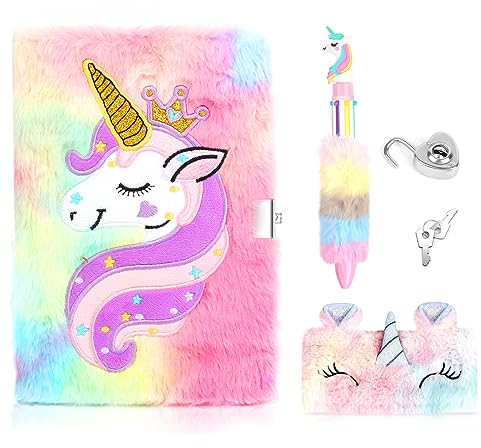 talifoca Einhorn Tagebuch mit Schloss, A5 Plüsch Einhorn Notizbuch Magisches Einhorn Notizbuch mit Einhorn Stift und Einhorn Federmäppchen, Geschenk für Mädchen