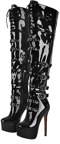 blingqueen Damen Plateau Overknee Stiefel Punk Boots Stilettos High Heels mit Nieten Schnallen Metallic Schwarz 35 EU
