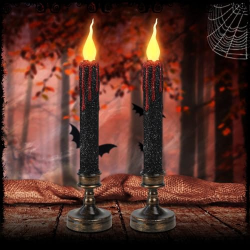 2 Stück Halloween LED Kerzen, Halloween Kerze mit Halter, Batteriebetrieben Flammenlose Stabkerzen LED mit Blutendes Design, LED Kerze Flackernde Flamme für Halloween Dekoration, Weihnachtsdeko (A)
