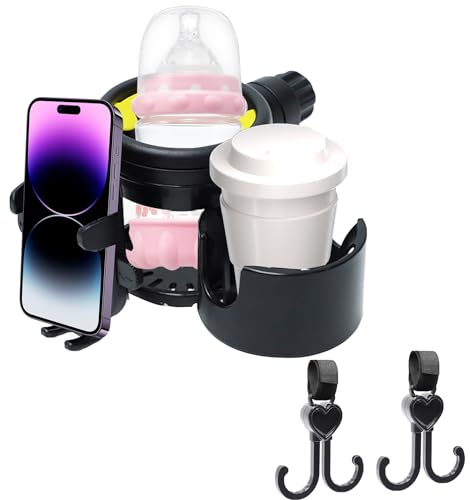 Pram Cup Holder, 3 in 1 Buggy Cup Holder Universal Stroller Cup Holder 360° Rotating Phone Holder Drink Coffee Holder Baby Bottle Organizer for Pram Stroller Buggy Pushchair