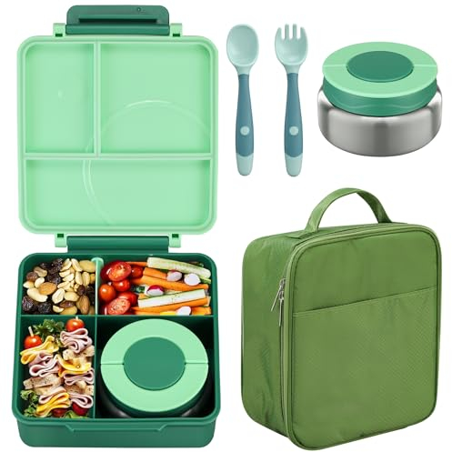 Howeemo Juego de lonchera Bento con termo de sopa de 8 onzas, recipientes de almuerzo a prueba de fugas con 4 compartimentos, tarro térmico de comida caliente para niños y bolsa de almuerzo aislada