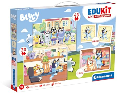 Clementoni Edukit 4 in 1 Bluey (Memo, Puzzle 30 und 48 Stücke, 6 Würfel) - pädagogische Spiele für Kinder - Memory und Logik-Spiel 18320