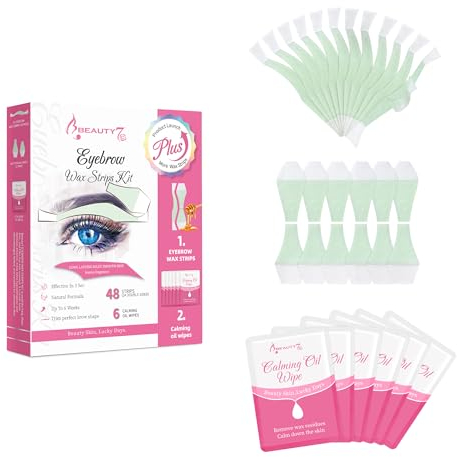 Beauty7 Kaltwachsstreifen für Gesicht, 48 Streifen, Enthaarungsstreifen, Augenbrauen und Lippen, normale Haut, Gesichtswachs, Enthaarung mit 6 beruhigenden Reinigungstüchern