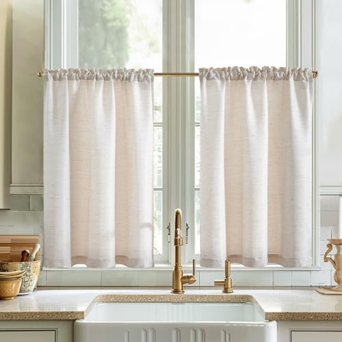 Vangao Scheibengardine Leinenoptik Bistrogardine Uni Modern Küche Schriften Vorhänge Gitter Halbtransparente Paarig Schals für Wohnzimmer Landhaus Kleine Fenster 90x115cm Beige 2er Set