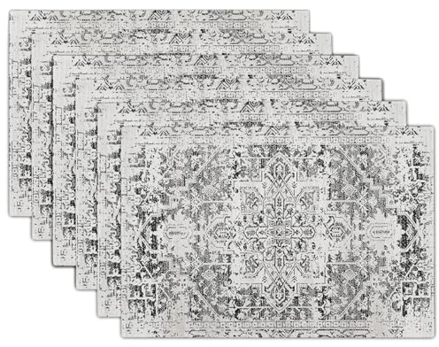 Boho-Tischsets, 6er-Set, Ethno-Stil, Bohemian-Teppich, waschbar, Küche, Esszimmer, Vintage, Grau, Geographie, Blumenmuster, Leinen, schmutzabweisend, hitzebeständig, Stofftisch für Zuhause, Party,