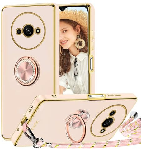 TVVTPU Coque pour Xiaomi Redmi A3 avec Cordon et 360 Degrés Anneau Support, Étui Housse Antichoc Souple Silicone TPU Bumper Portable Protection Case avec Amovible Collier, Rose