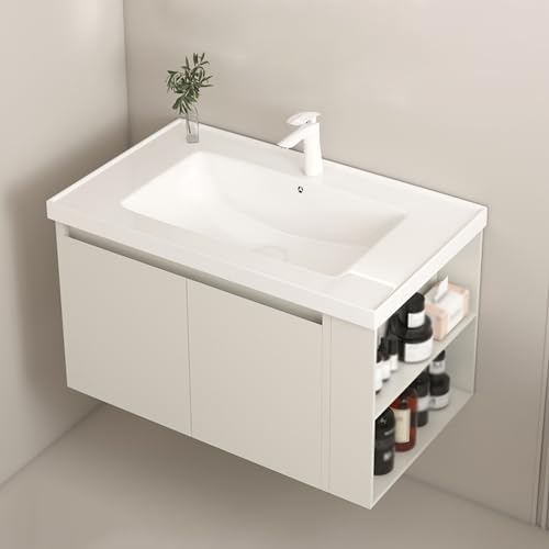 70 cm Mobile Bagno con Lavabo, Mobile Bagno Sospeso con Rubinetto, Con Due Ante con Chiusura Ammortizzata e Vano Portaoggetti Aperto su Due Livelli, Montato a Parete