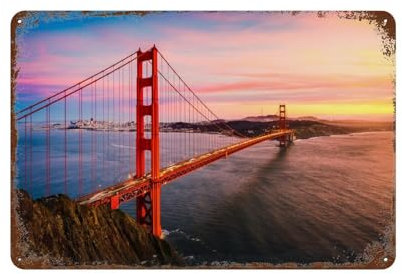 Golden Gate Bridge“die Brücke über die Bucht von San Francisco in der Abendsonne,Metall Blechschild，Vintage Blechposter Metallschild Wanddekoration Landhaus Küche Haus Garage Dekor,20 x 30 cm -100