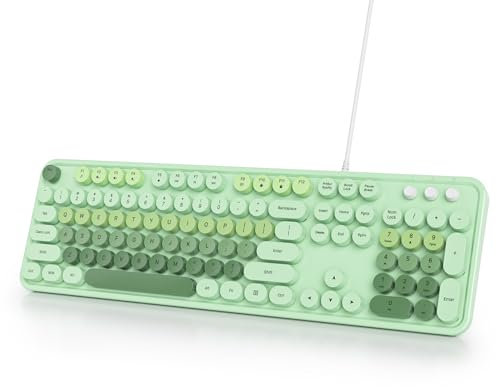 Owpkeenthy Typewriter Green Cute Keyboard with Floating Round Keys, Full Size Wired Retro Keyboard Click Feeling with Foldable Stands for Laptop Office PC Desktop Windows (Green)