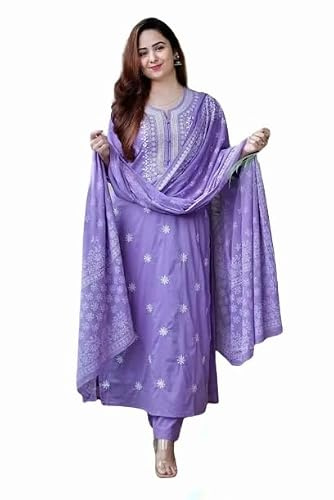 Suppar Sleave Women's Rayon Embroidered Straight Kurta and Pants Set with Dupatta