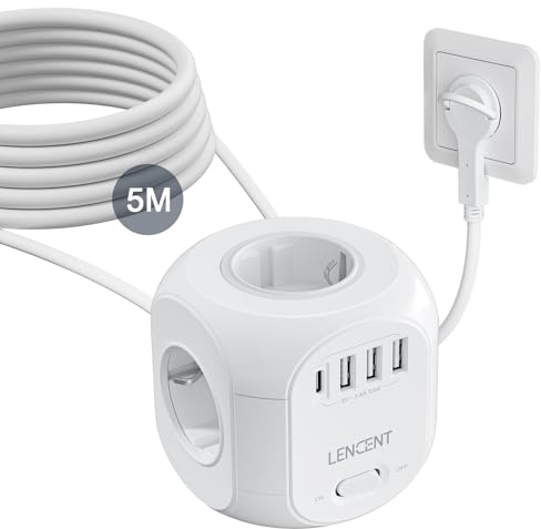 LENCENT 8 in 1 Multipresa Cubo da 5M, Presa Multipla di Corrente con Spina Piatta, 4 Prese Schuko, 3 USB-A e 1 USB-C, Presa Europea Salvaspazio con Interruttore per Cucina Casa Ufficio