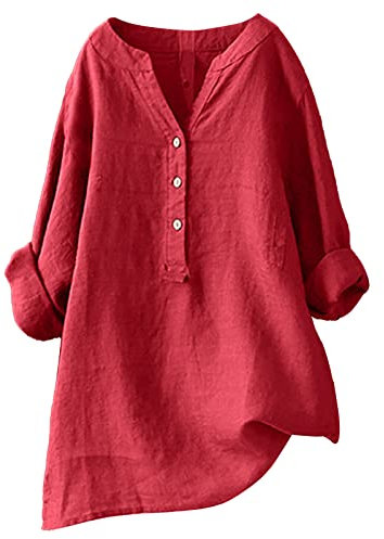 Longbluse Damen Leinen Musselin Sommer Langarm Shirt Elegante Bügelfrei Tuniken Große Größen Tops, Rot, S