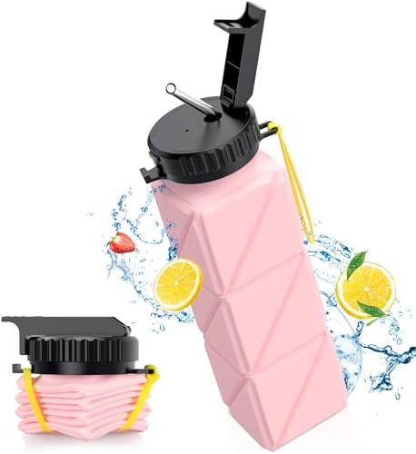 Yoassi Gourde Silicone Pliable 620ml SANS BPA, Bouteille d'Eau Léger Réutilisable, avec Paille pour Sports, Jogging, Camping-Rose