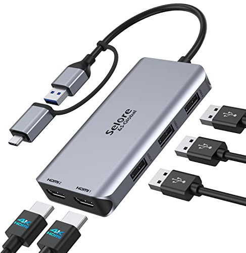 Station d'accueil USB 3.0 Dual HDMI Hub USB C, Docking Station 3.0 USB C Adaptateur vers 4K 60 Hz Double Moniteurs 3 USB 2.0 pour MacBook Pro/AirM1/M2 Surface Pro/Go Dell HP Lenovo Thinkpad/Yoga