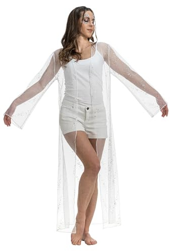 Chaks - Transparenter Cardigan mit Glitzer, Lange Festival Jacke | Leichtes Cover Up im Mesh Design, Offene Front, Karneval, Strand Outfit und Festival